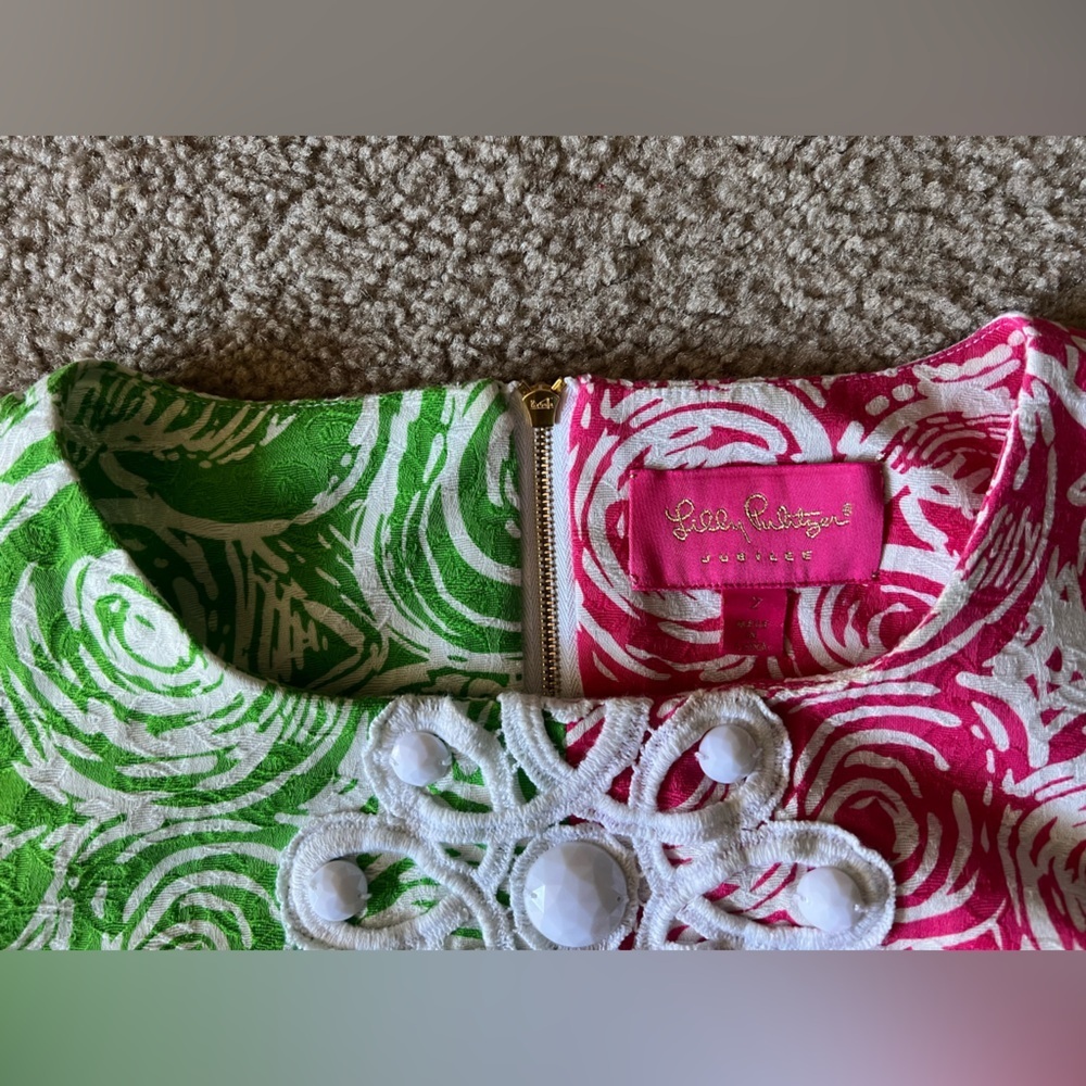 Lilly Pulitzer Jubilee Flam Alama Shift Dress 2 Daiquiri Pink/Green Pocket Bead - Picture 4 of 13